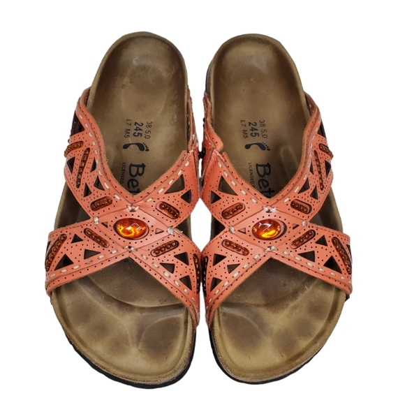 Birkenstock Betulas "Joyce" Beaded Laser Cut Cross Strap Sandals Salmon Size 7 - Picture 9 of 13